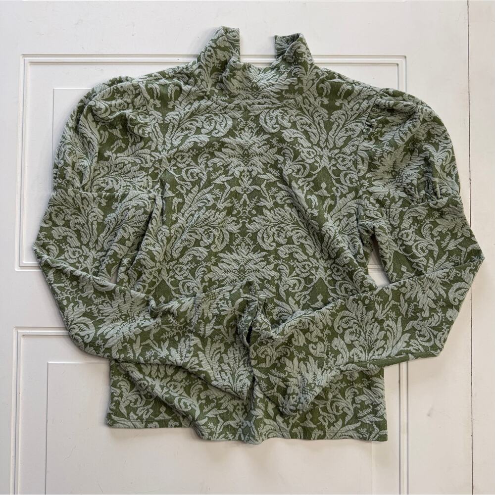By Anthropologie Womens Sz S Green Paisley Textured Bell Sleeve Puffed Shirt Top - Picture 7 of 7